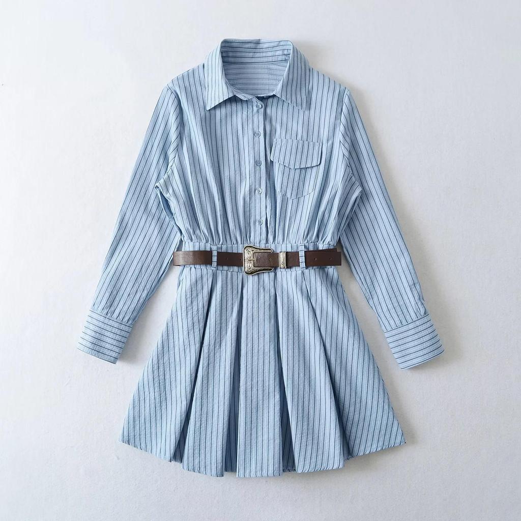 2025 Retro Sweet Spicy Striped Dress with Waistband and Pleated Skirt