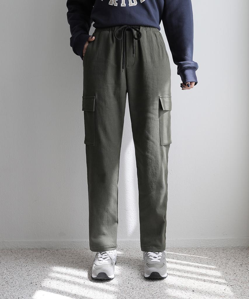 Jikeulib Warm Fleece-Lined Elastic Waist Pocket Cargo Stretch Cotton Pants