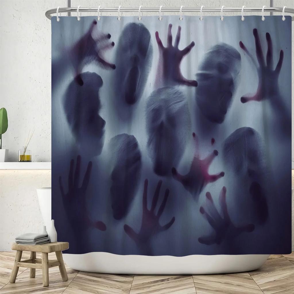 Halloween Duschvorhang Horrornacht Blutige Hände Gruseliger Zombie-Schädel Furchteinflößend Halloween Wasserdicht Bad Badezimmer Duschvorhang