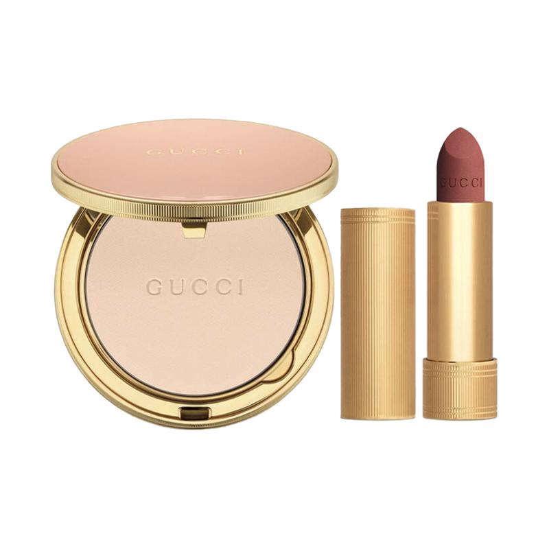 Gucci Golden velvet lipstick rose gold powder makeup set oil control long-lasting + Powder #00+Gold Tube Lipstick #208