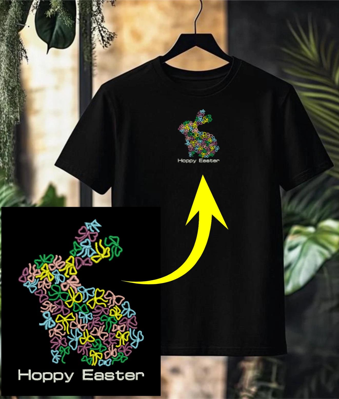 Embroidered Hoppy Easter Colorful Ribbons Bunny Unisex T Shirt, Easter Day Tee S