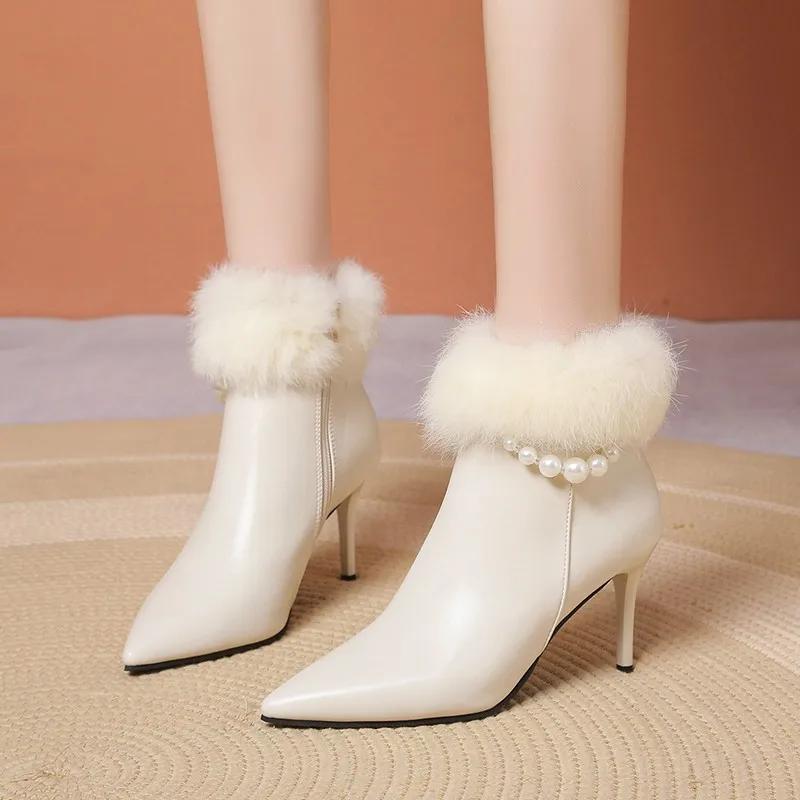 Fashion Women's Boots Autumn Winter New Style Fashion String Bead Pointed High Heel Short Tube Women's Shoes  Women Boots