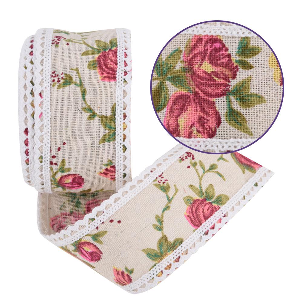 Lace printed jute belt, 5m burlap ribbon with paeonia suffruticosa flower, for wedding decoration and party