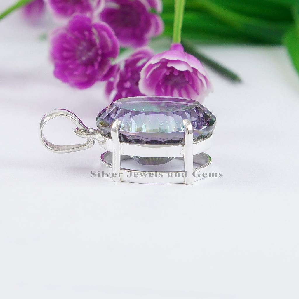 Big Mystic Topaz Pendant - 925 Sterling Silver Pendant - Oval Topaz Pendant - Gift for Wife- Engagement Pendant - Handmade Pendant