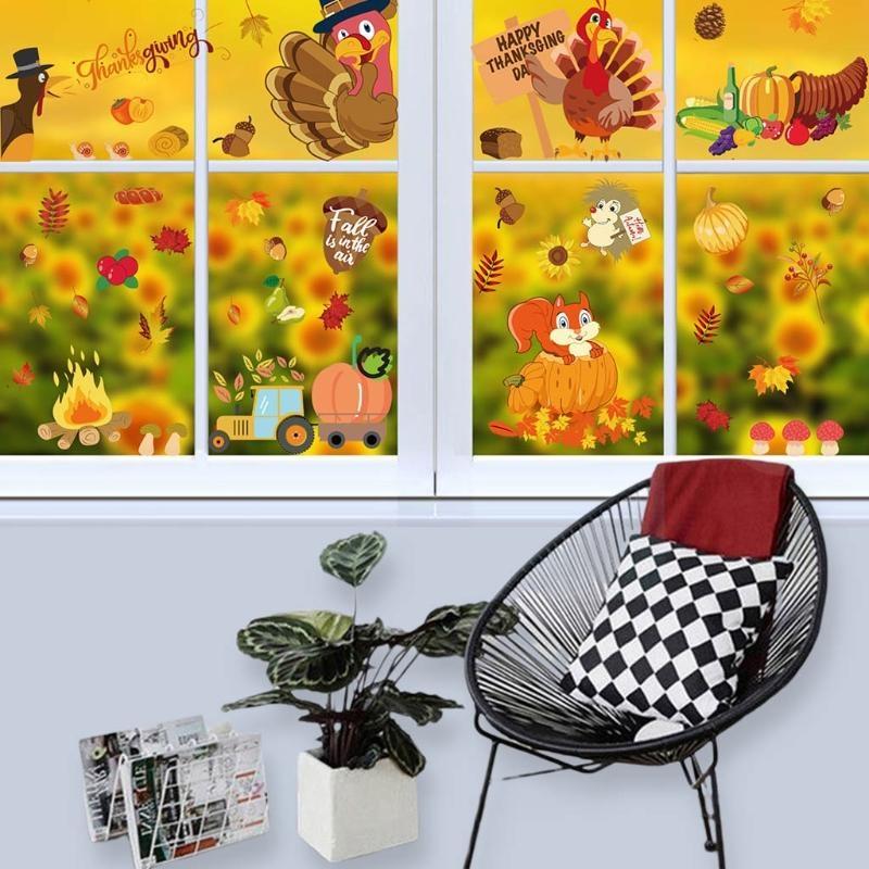 9 Sheet Fall Gnome Window Clings Autumn Turkey Pumpkin Glass Wall Sticker Thanksgiving Festival Party Home Decor top sale