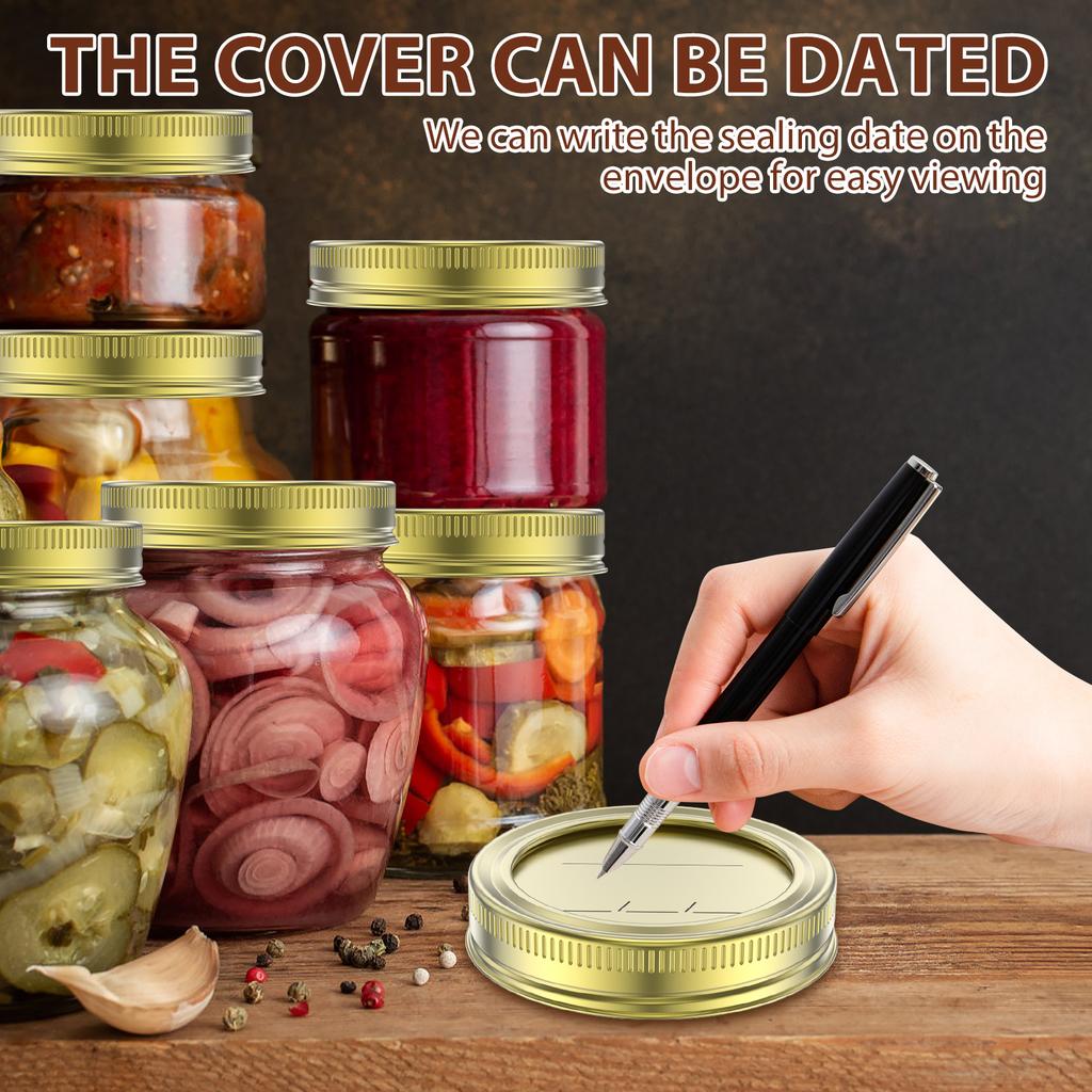30Pcs Mason Jar Lids with Date Food Seal Cap Canning Lids with Rings Regular Mouth Metal Sealing Canning Lids Sliver Golden