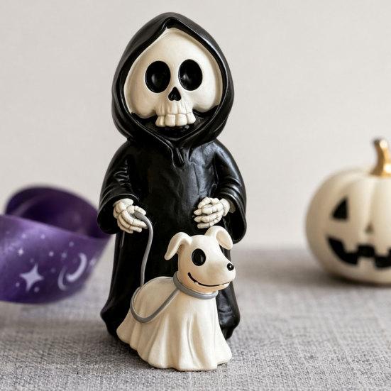 Cute Spooky Halloween Gift Grim Reaper & Ghostly Puppy Resin Figurine, Black Robed Skeleton with Wear-resistant Sculpture Ghost Dog Statue,