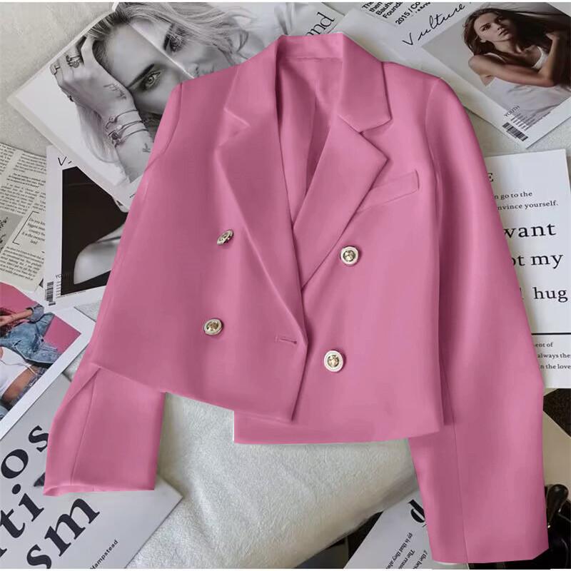 Women's Slim Fit Double-Breasted White Blazer, High-Waisted, Long-Sleeved, Short Suit for Spring/Autumn 2024, Petite Temperament.