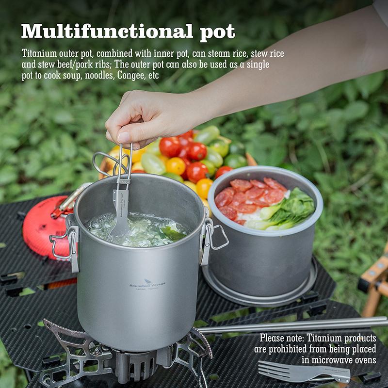 Boundless Voyage 1.4L Titanium Pot Rice Cooker Set Ultralight Camping Cookware for Outdoor, Hiking, Travelling Cooking W-Ti2093c