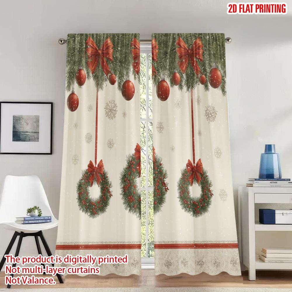 

Set Of 2 Flat Printing Merry Christmas Trendy Curtains Wreaths Red Bows Digital Printed Polyester Drapes Family Party Made W100*H70(CM)-Hooks&2PCS