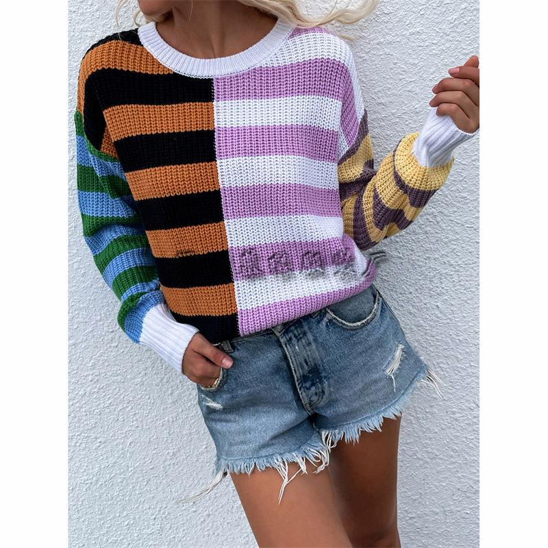 New striped loose women s clothing crew neck pullover knitted sweater women s splicing European and American sweater women S