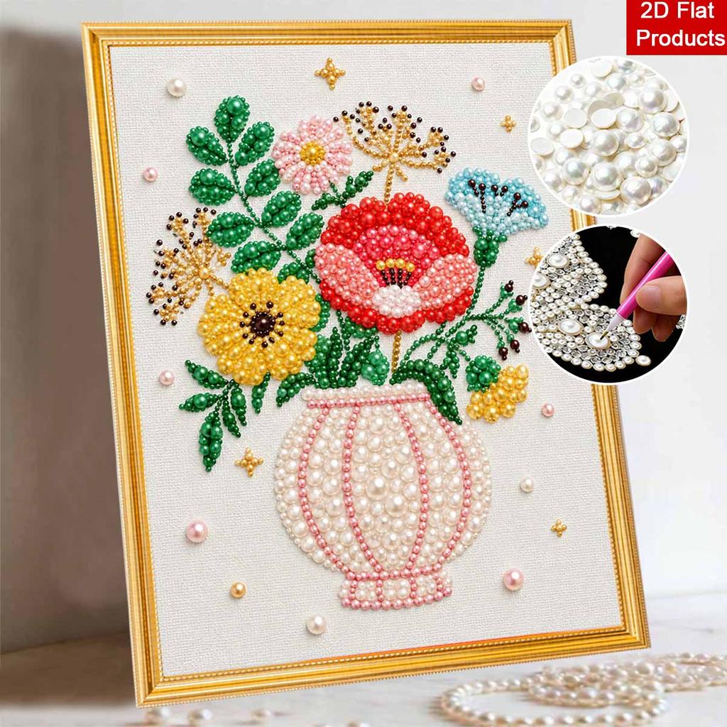 Beautiful Framed Pearl Painting Kit Colorful Flower Vase Design DIY 3D Bead Art Canvas Creative Wall Decor Gift for Adults