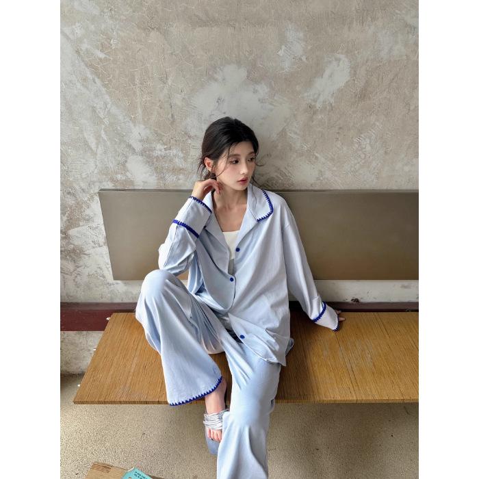 2026 Korean Style Blue Crescent Cardigan Pajama Set for Women - Spring/Autumn Internet Celebrity Homewear XL