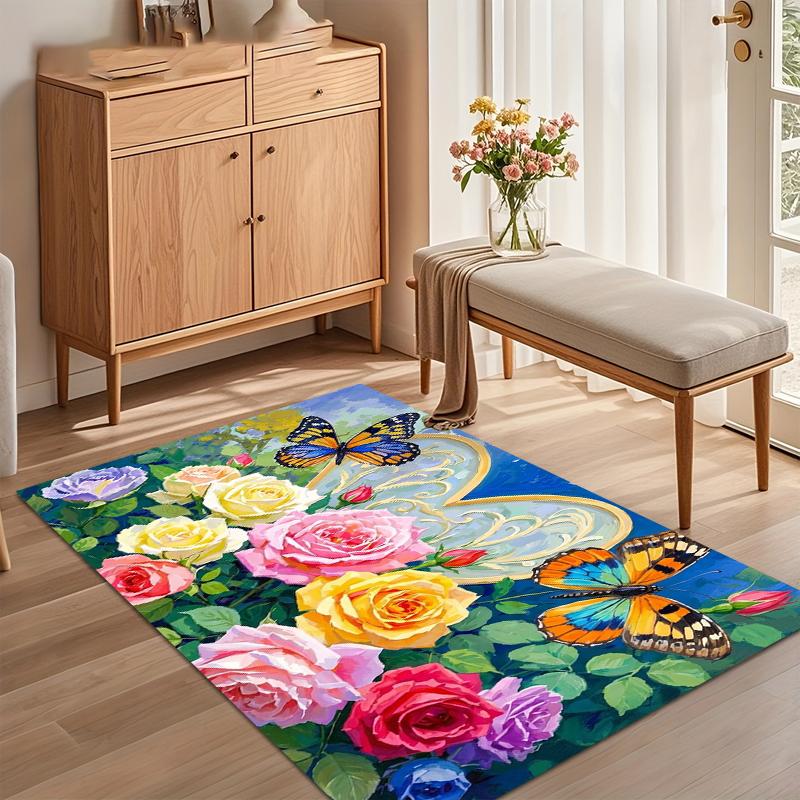 

Vibrant Blue Butterfly & Colorful Rose Floral Stylish Cozy Area Rug for Living Room Bedroom Entryway Decor Non-Slip Washable 40x60cm