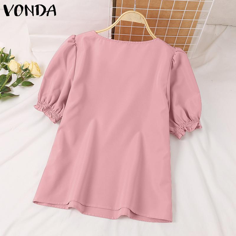 VONDA Summer Women Square V Neck Puff Short Sleeve Soild Color Casual Blouses