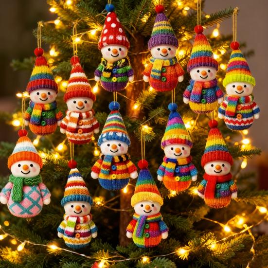 Wooden Snowman Ornaments Colorful Snowman Figurines with Pom-Pom Hats Christmas Tree Festive Holiday Decoration
