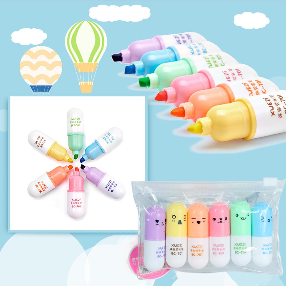 6 Pcs/lot Capsules Highlighter Vitamin Pill Highlight Marker Color Pens Kids Children Stationery Office School Supplies