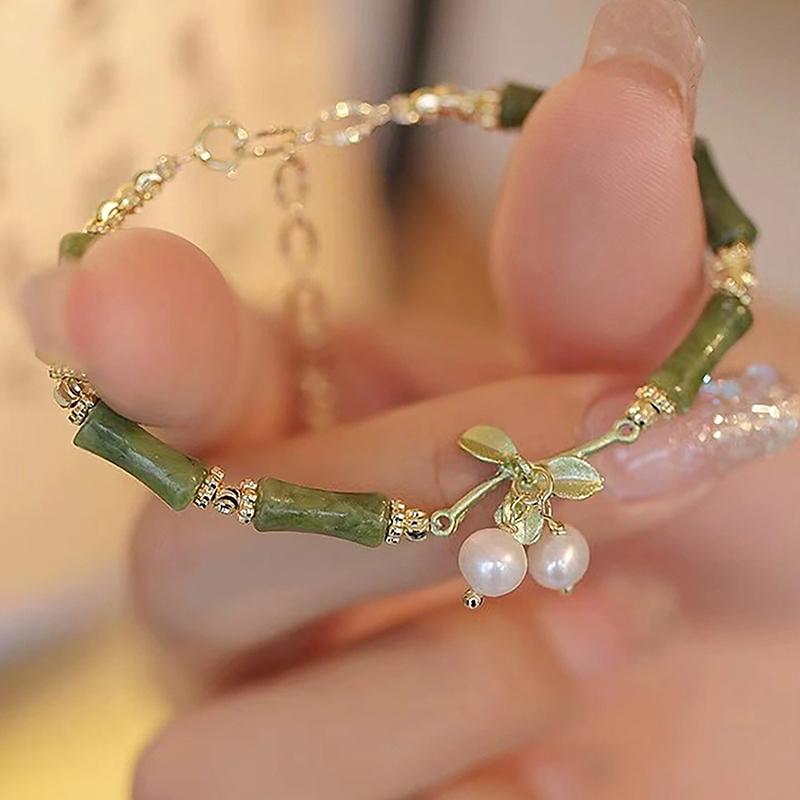 Light Luxury Retro Green Bamboo Joint Bracelet Women Romantic Imitation Pearl Pendant Bangle Jewelry Accessories Gifts