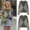 Womens Casual Knit Sweater Round Neck Long Sleeve Rhombus Lightweight Everyday Top