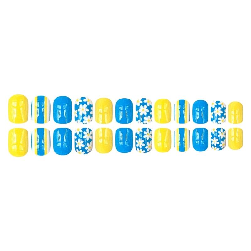 24 Pcs Flowers Stick On Nail Solid Color Artificial Nail Short Square False Nail Glossy Press On Nail for Woman Girls