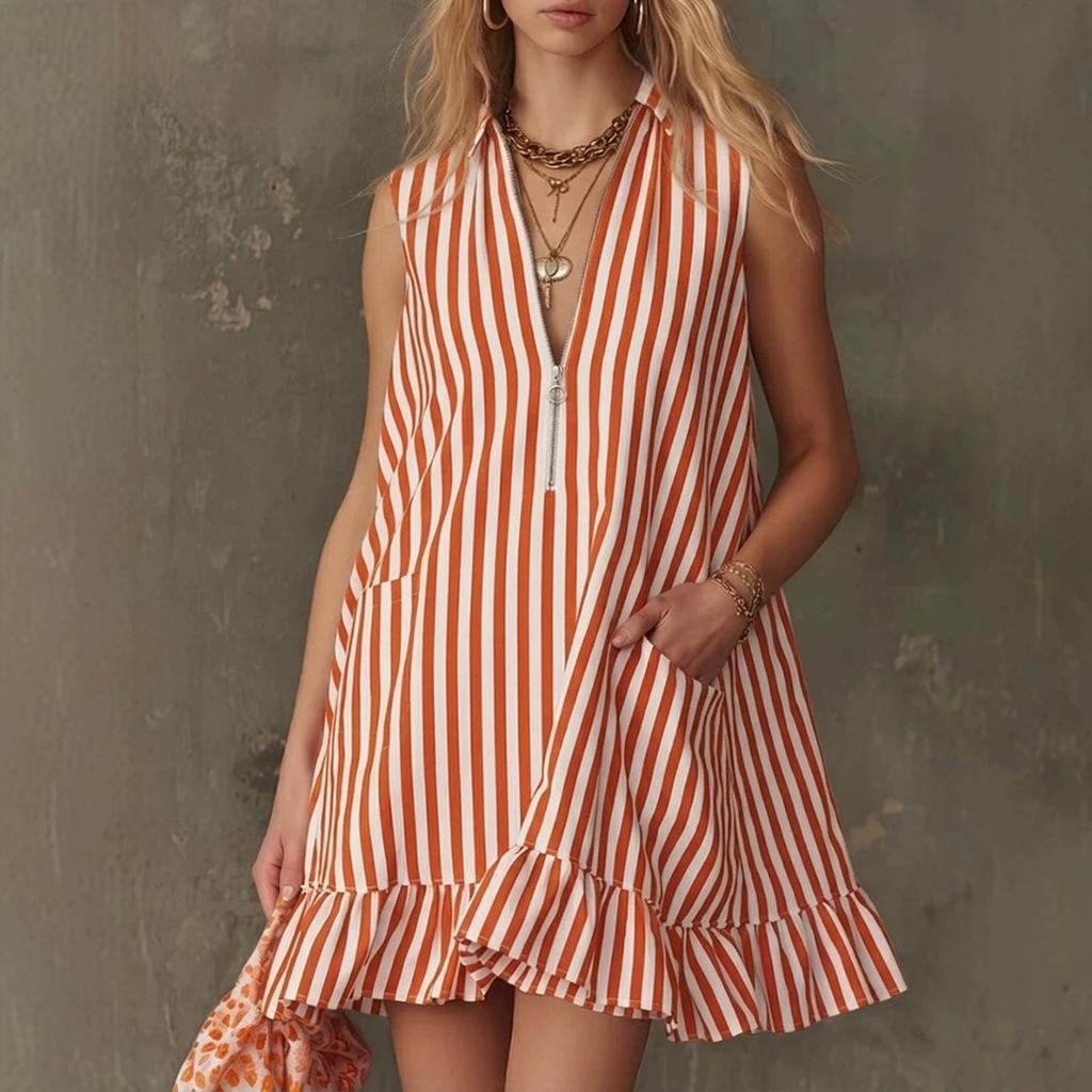 Women Sleeveless V Neck Striped Dress with Ruffle Hem Loose Fit Vintage Style Casual Wear for Daily and Vacation Outfits