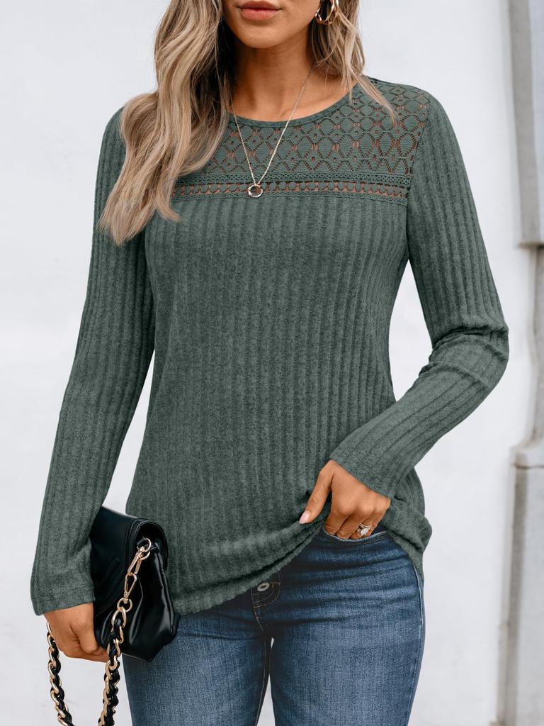 Casual Pullover Ribbed Loose Hollow-out Long-sleeved T-shirt Top