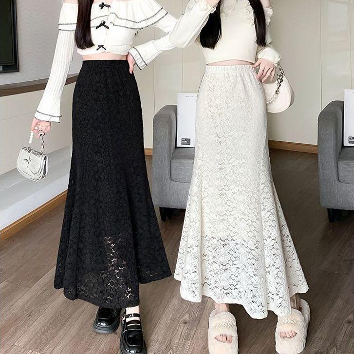 Fusta cu coadă de pește din dantelă pentru femei, cu talie înaltă, fustă subțire, cu șold, toamnă, primăvară, elegante, fuste lungi