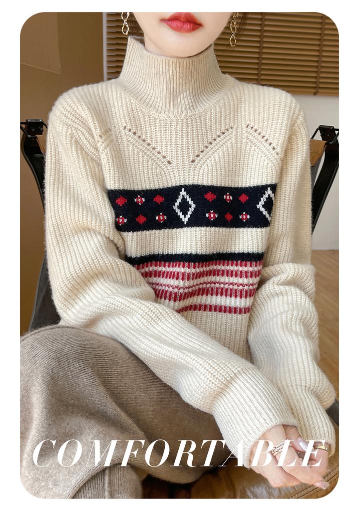 100% pure wool comfortable half height jacquard pullover sweater