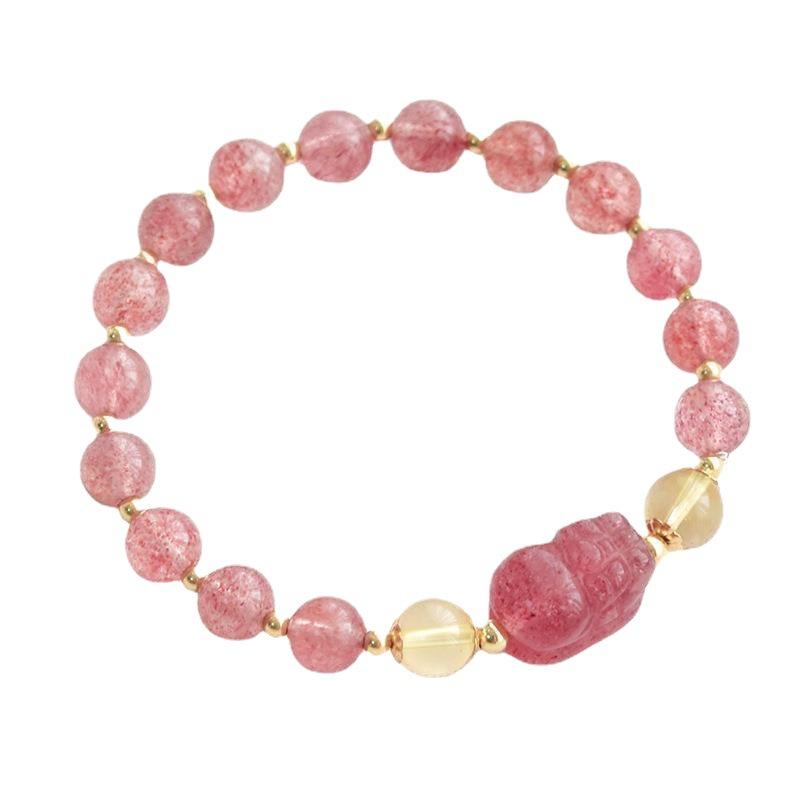 Supply of Strawberry Crystal Pixiu with Yellow Crystal Bracelet for Women, Pink Crystal, Niche Design, Korean Style, Fresh