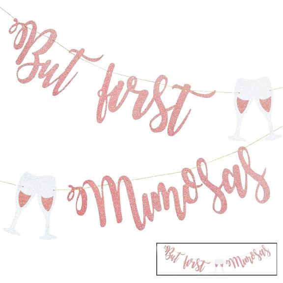 Mimosa Bar Sign But First Mimosas Rose Gold Banner, Decorations for Bridal Shower Baby Shower Bachelorette Party Engagement Wedding Graduation Fiesta