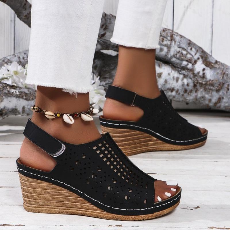 Summer new large size wedge heel sandals women's hollow Velcro sandals