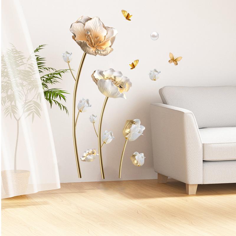 Creative Chinese Style Tulip Wall Sticker Self Adhesive Elegant Simulated Flower Decal for Bedroom Bedside TV Background Wall Decor