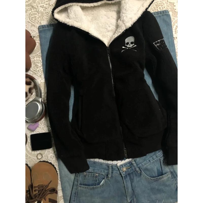 Jaquetas de Lã de Cordeiro Y2k Moletoms Góticos Femininos Caveira Grunge Zíper Streetwear Harajuku Feminino Vintage Casaco Casual