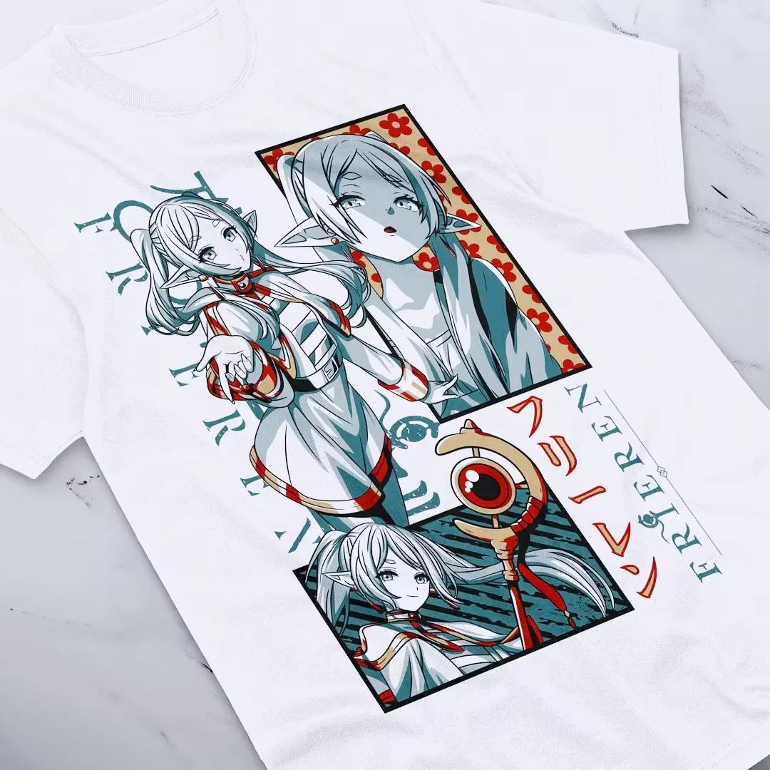 2026 Frieren Black Pure Cotton Loose Street Style T-Shirt Printed With Frieren Character Collage and Staff Pattern  Women And Men T-Shirt 4XL