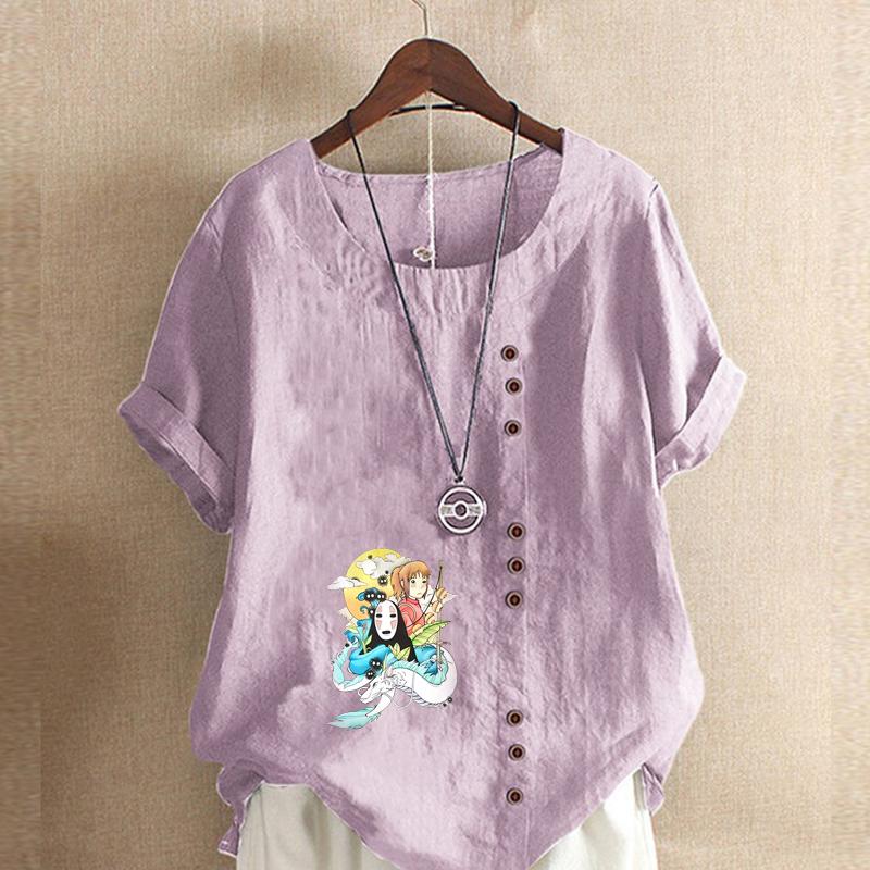 Women's New Fashion Linen Shirt Round Neck Short Sleeve Cartoon Characters Pattern Printed T-shirt Summer Ladies Casual Plus Size Blouse Tops