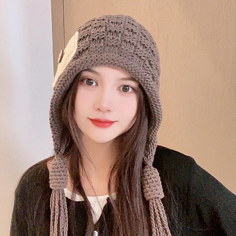 Trendy fringed warm hat women's autumn and winter handknitted pullover wool hat versatile ear protection hat tide