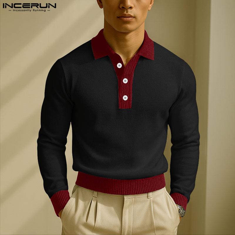 INCERUN Herbst Herren Reverskragen Langarm Rippen-Patchwork Lässige Lockere Pullover-Tops