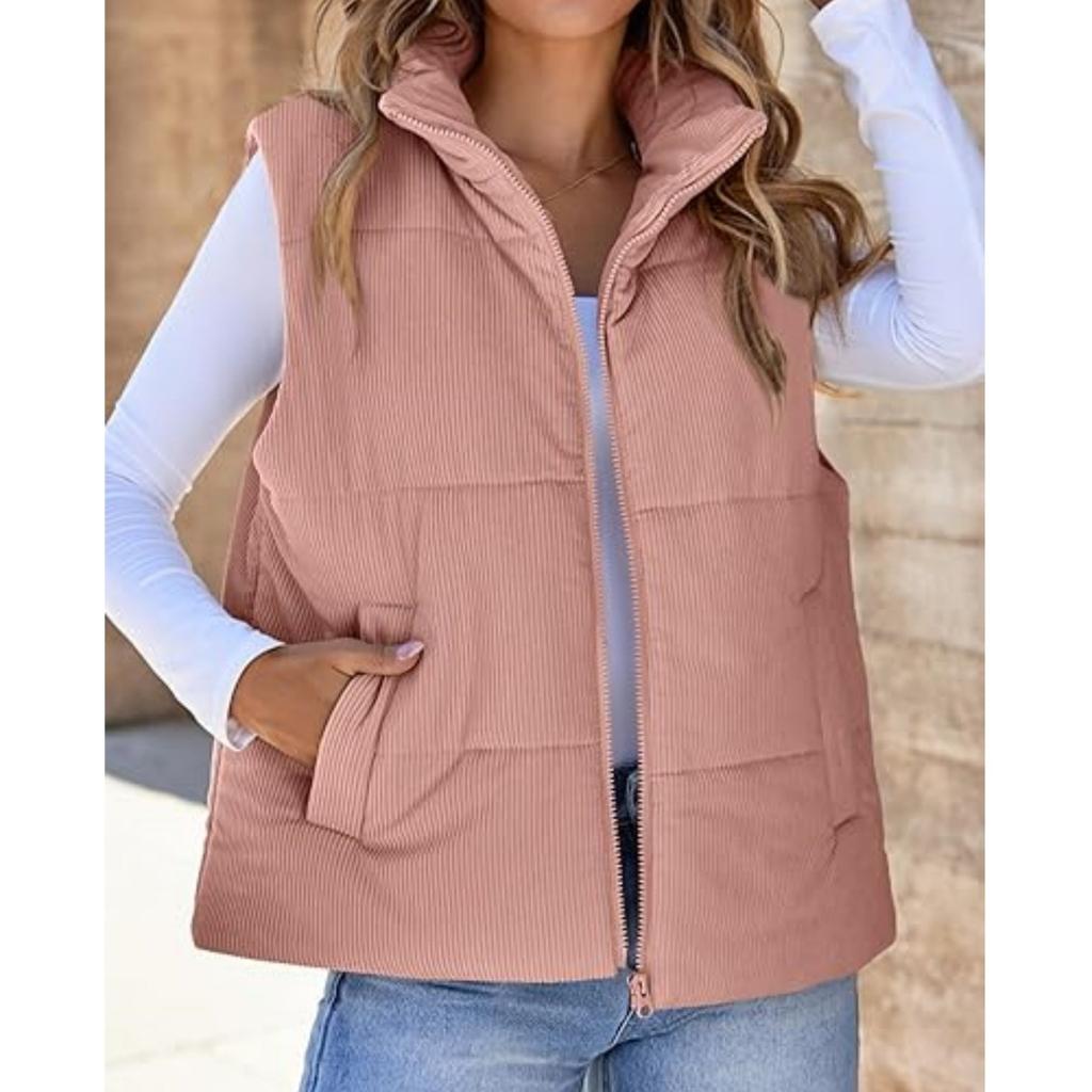 2026 Fall Winter Corduroy Quilted Vest for Women, Fashion Casual Padded Gilet with Pockets and Front Zipper