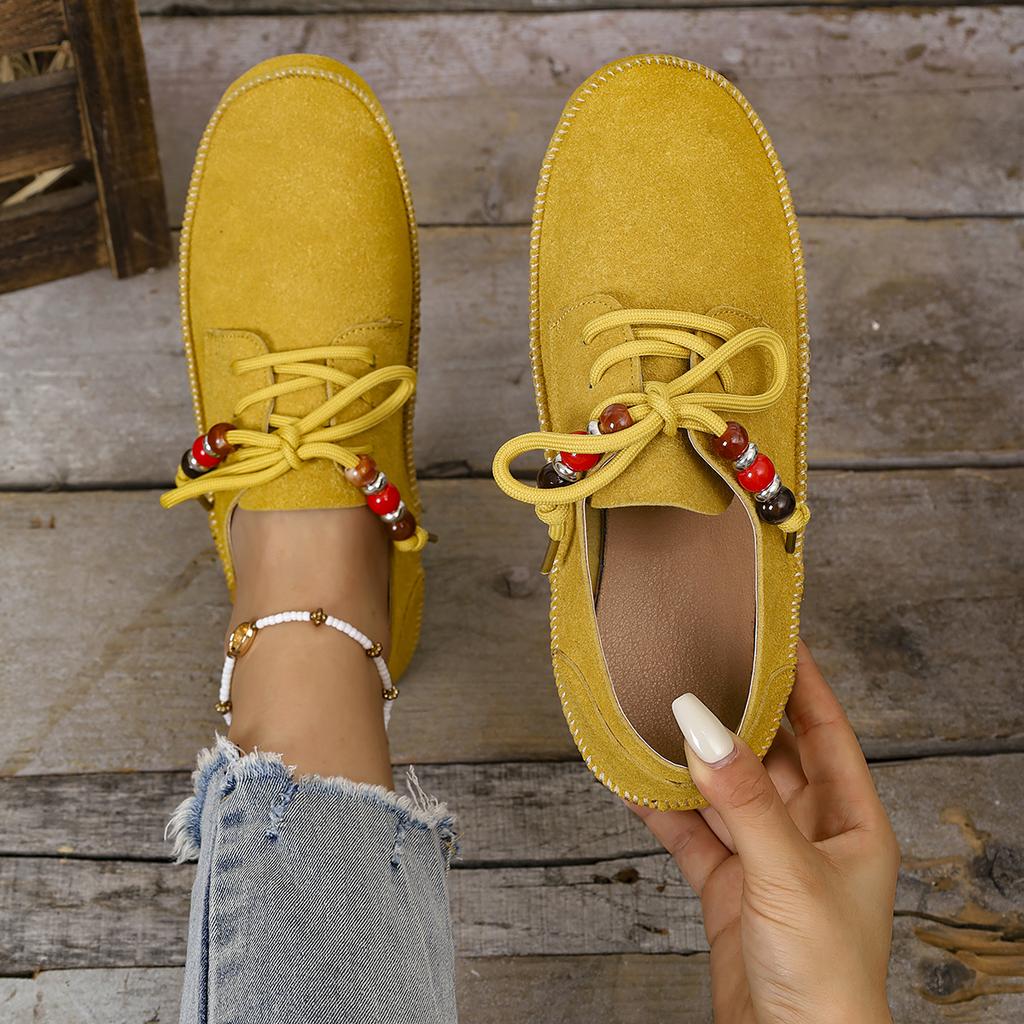 2025 Women Loafers Round Toe Lace-up String Bead Shoes Leisure Spring Autumn Sneakers Woman Retro Style Plus Size Shoes Women