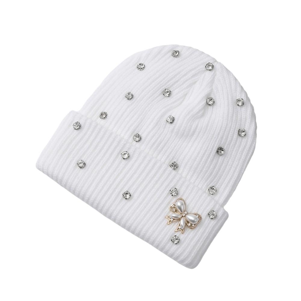 Solid Color Crystal Pearl Bow Beanie Warm Pullover Hat Fashion Knit Hat Outdoor