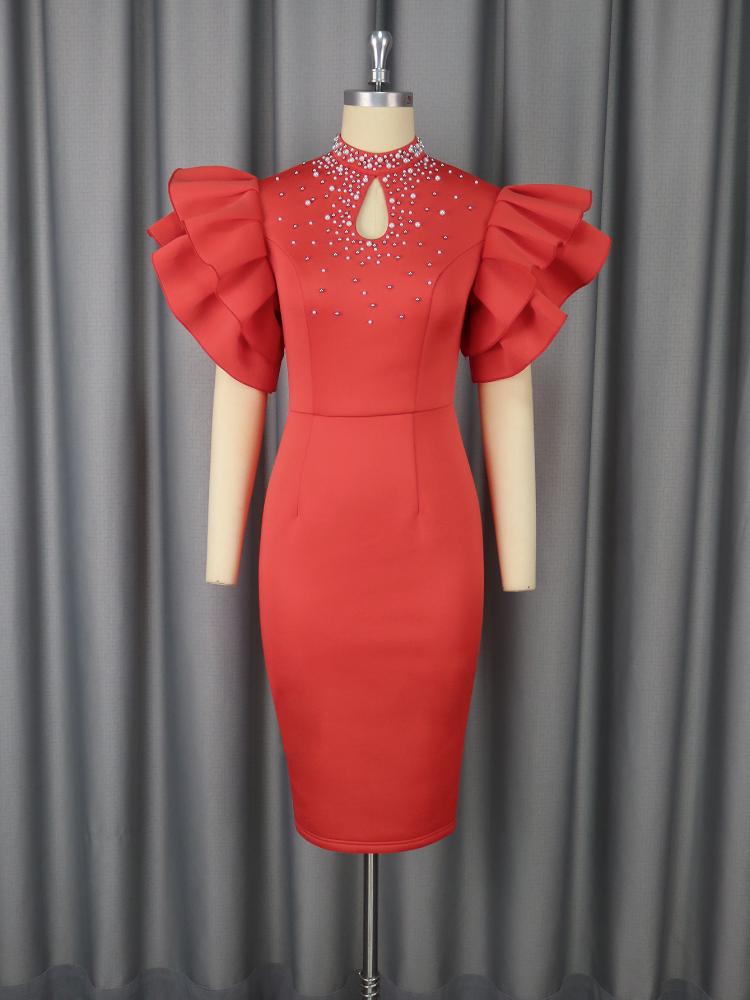 

AOMEI Red Ruffles Sleeve Party Dresses for Women Half High Neck Beaded Cut Out Evening Cocktail Dress XL красный