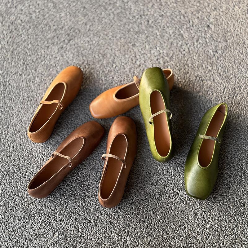 Johnature Genuine Leather Shallow Elastic Band Women Flat Shoes Versatile Round Toe Solid Color Slip-on Shoes
