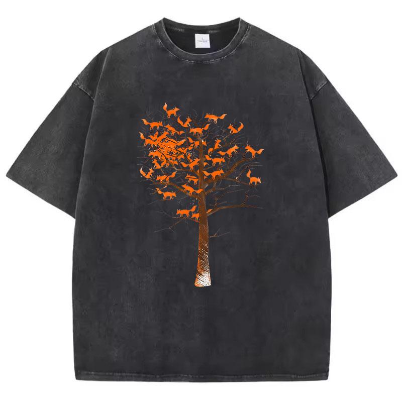 Summer T Shirt Vintage Washed Cotton T-Shirt Japanese Style Cat Climb Tree Graphic Tee Casual Streetwear Spring