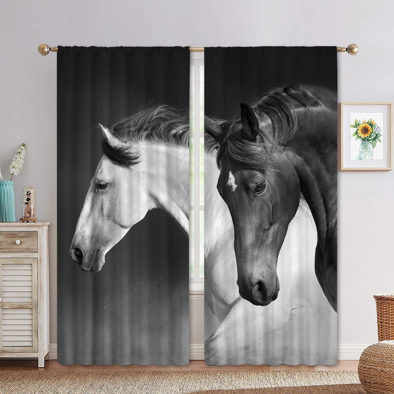 

3D Digital Print Horse Black White Polyester Thin Fabric Shading Window Curtain Panel Little Ones Living Indoor Room Bedrooms Bathing Room W50 X H130(CM)X2&Grommet Top