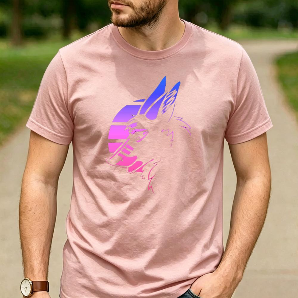 Vaporwave Gradient Wolf Head Sunset Circle Graphic T Shirt Unisex Crew Neck Short Sleeve Wildlife Fan Holiday Gift Top