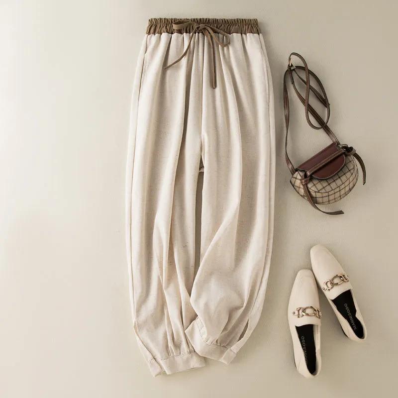 Women's Summer Loose Simple Elastic Waist Pants Cotton and Linen Casual Harem Pants