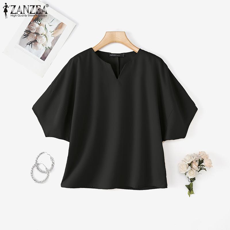 

ZANZEA Womens V Neck Batwing Sleeve Solid Irregular Casual Loose Blouse Nonelastic S