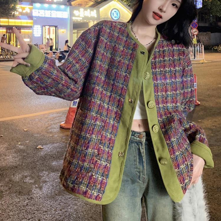 Plus Size Women's Spring 2025 Korean Plaid Tweed Coat - Loose, Slimming & Stylish