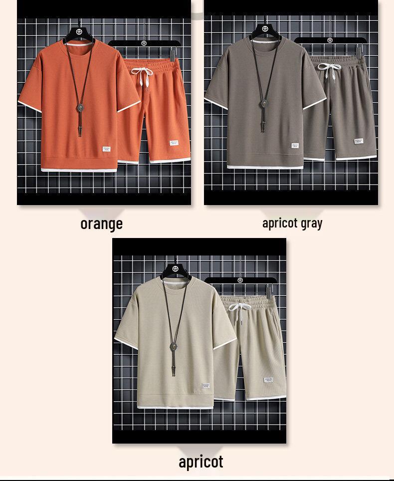 Waffle Summer Men's Casual Sportswear Set: Loose-Fit Short-Sleeved T-Shirt and Shorts