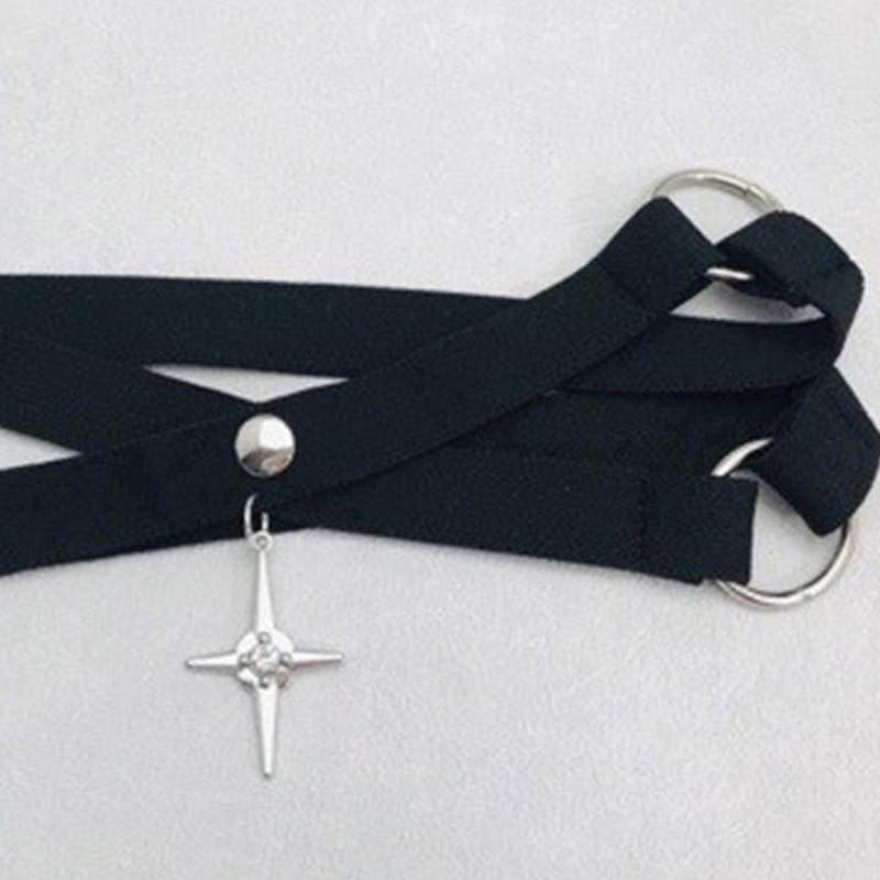 Womens Gothic Punk Elastic Thigh Garter Belt with Metal Star Pendant Leg Harness Straps Crisscross Bandages Leg Wraps